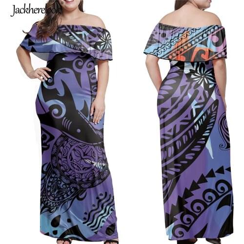 Jackherelook Sexy Off Shoulder Maxi Dresses for Womens Polynesian Tattoo Samoan Animal Print Hawaii Floral Dress Plus Size 7XL