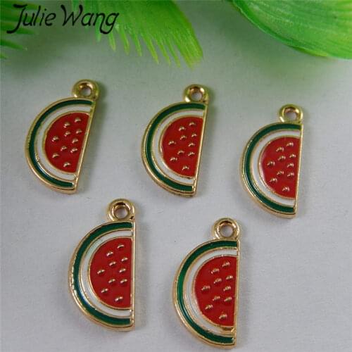 Julie Wang 10PCS Enamel Red Watermelon Fruit Gold Tone Charms Phone Decor Pendant Earrings Findings Jewelry Making Accessory