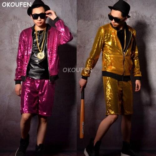 Hip hop Man Dance wear Star Stage classic pink sequined baseball uniform set nightclub bar singer DJ DS performances wear