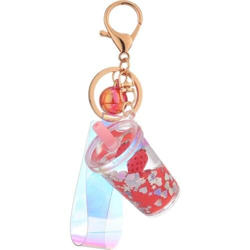 Creative Quicksand Sequin Fruit Strawberry Keychains Cartoon Moving Liquid Milk Tea Cup Keyring Bag Pendant Car Key Chain Gifts