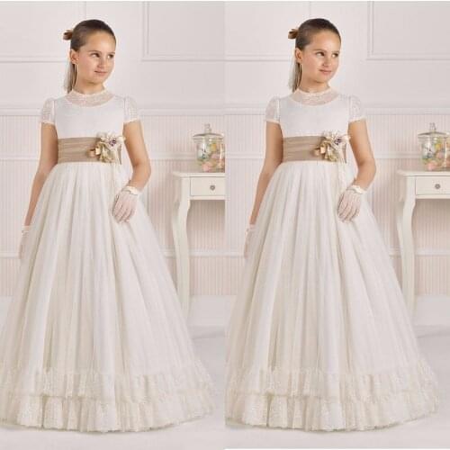 Lace Flower Girl Dresses Primera Comunion Wedding Party Little Bride Dress Kids Ball Gown Long Sleeve Girls Pageant Dress