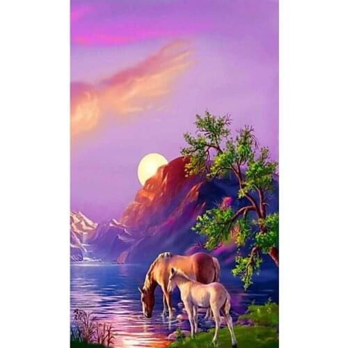 Horses lake animal DIY Diamond Painting Horses sunset Lake scenery Diamond Embroidery cross Stitch Rhinestone Mosaic Painting
