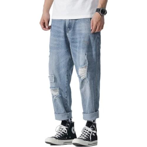 Fashion Mens Straight Fit Jeans Ripped Distressed Holes Stretch Denim Pants Blue Vintage Washed Jean Trousers For Men