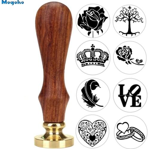 Mogoko Wax Seal Stamps Feather Rose Tree Love Ring Crown Wood Handle Sealing Wax Retro Stamp Wedding Antique Stamp Cards Decor