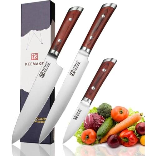 KEEMAKE 3PCS Kitchen Knives Set Chef Slicing Paring Knife German 1.4116 Steel Blade Color Wood Handle Sharp Meat Cutter Tools