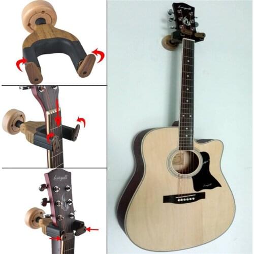 Wall Mounted Guitar Hanger Hook Acoustic Guitar Holder Keeper Auto Lock Guitar Shape Solid Wood Base For Electric Guitar Bass