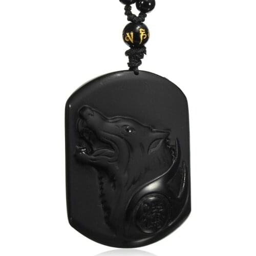 Natural Black Obsidian Carving Wolf Head Amulet Pendant Free Necklace Obsidian Blessing Lucky Pendants Fashion Jewelry Gift