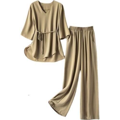 New Elegant Women Two Piece Sets V Neck Tops Wide Leg Pants Set Female Two Piece Suits OL Style Business Outfits N36