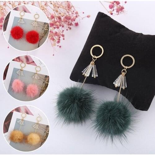 Wholesale Cute Rabbit Fur Ball Long Drop Earrings Fashion Furry Ball Ear For Women Unique Korean Soft Dangle Earring Jewelry