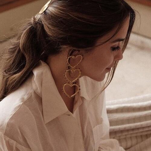 Korean Spring Summer Vacation style Romantic Hollow Heart Love Earring Gold Statement Earrings For Women Stylish Long Heart Earr