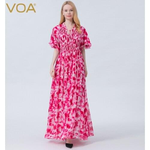 VOA Silk Georgette Half-open Collar Lace Lotus Leaf Sleeve Printing and Dyeing Process Backless Summer Womens Dress 2021 AE965