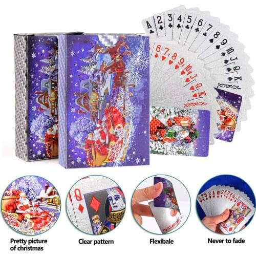 2 Sets Christmas Pattern Waterproof Playing Cards Poker Game Deck Silver Foil Poker Sets Plastic Magic Card Waterproof