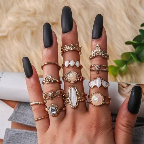 14pcs/set Bohemian Crystal Adjustable Rings Hollow Gold Stone Crown Rings Set for Women New Vintage Copper Zircon Ring Jewelry