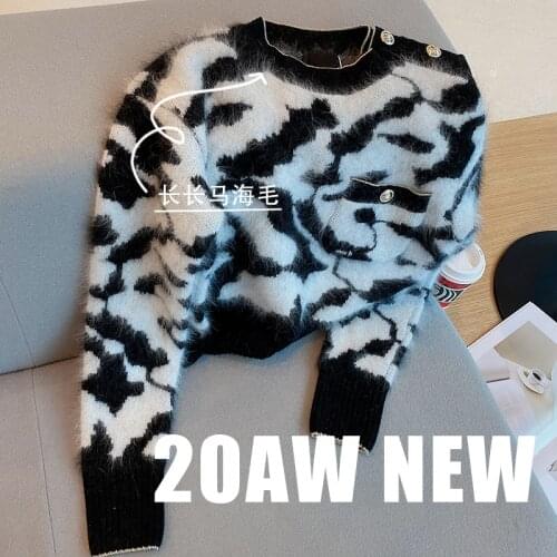 Women elegant black white color block mohair knitted sweater pullover o-neck short slim sweaters 2021 sppring autumn