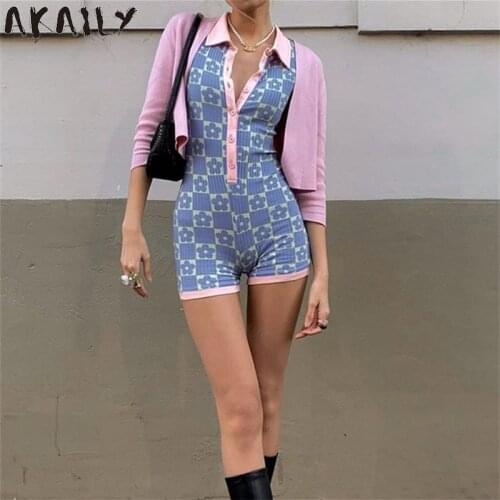 Akaily Streetwear Floral Print Bodycon Rompers Summer Women Slim Short Jumpsuit V Neck Button Short Sleeve Playsuit Female 2021
