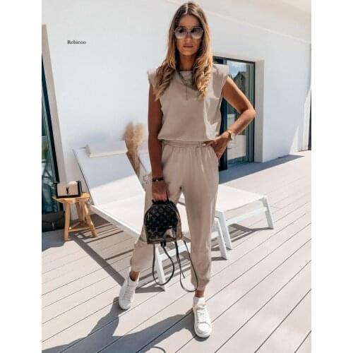 Women Solid Color Shoulder Pad T-Shirt and Pants Two-Piece Suit Sleeveless Summer New Fashion Leisure Sets Woman Tracksuit