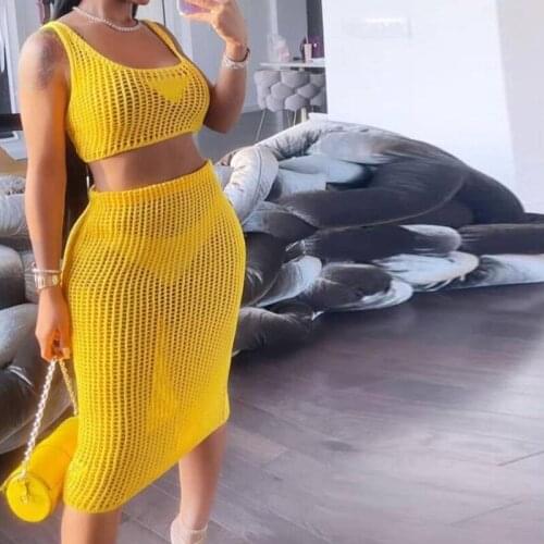 Knitted Two Piece Set Women Skirt High Street Hollow Out Cleavage Sleeveless Tank Tops+Sheath Sexy See Through Skirt Outftis