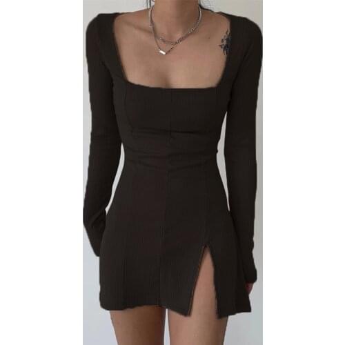 New Sexy Women Long Sleeve Square Collar Dress Split Solid Color Dress Women Ladies Autumn Winter Fashion Womens Dresses