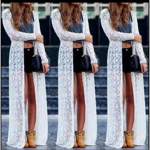 Women Sheer Lace Bikini Long Sleeve Cover-up Summer Cardigan Swimwear Beach Long Dress