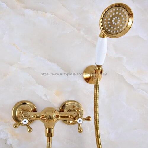 Gold Color Brass Wall Mounted Bathroom Shower Faucet Set With Hand Shower Head Mixer Tap Nna976