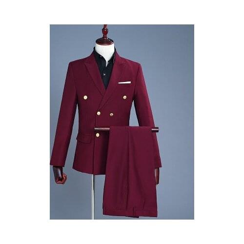 2018 Brand Wine Red Groom Tuxedo Wedding Singer Suits Double Breasted Slim Fit Suit Prom Dresses Fashion Casual Suit Men