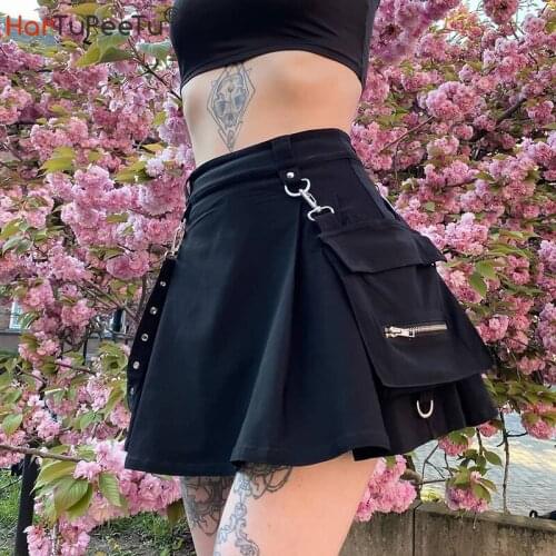 2021 Spring Summer Women Pleated Skirt Gothic Black Safari Style Pockets a Line Girls Mini Skirt Cool Ribbons Decorate Vestido