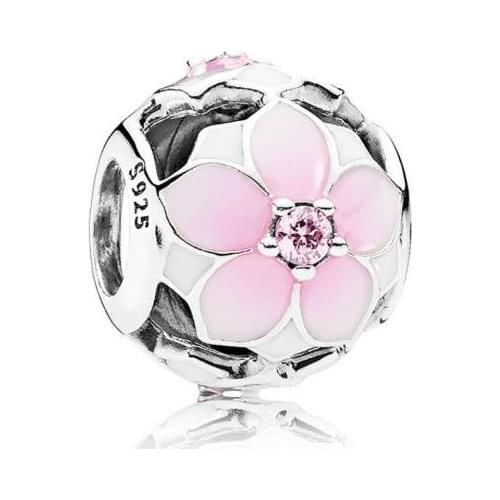 Genuine 925 Sterling Silver Bead Charm Enamel Magnolia Bloom With Crystal Beads Fit Pan Bracelet & Necklace DIY Jewelry