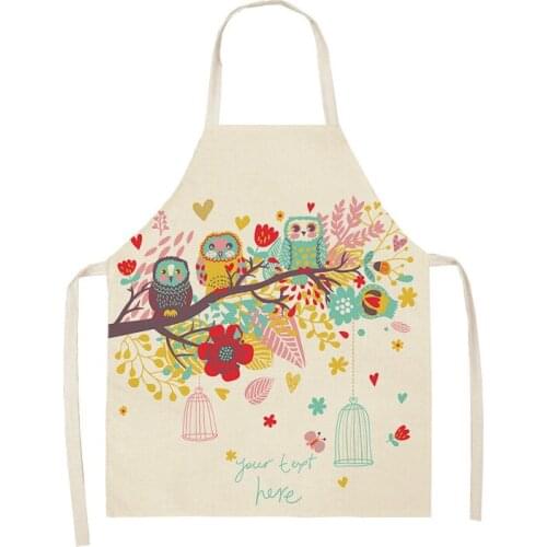 Children Apron Color Cartoon Owl Pattern Clean Art Apron Home Cooking Kitchen Apron Chef Home Cotton Linen Adult Bib Apron