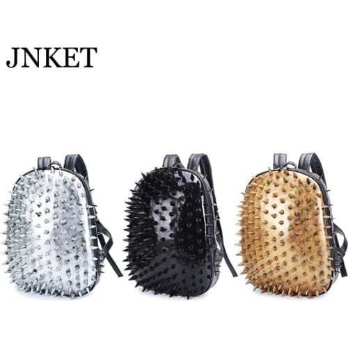 JNKET New Men Punk Backpacks PU Leater Rivet Backpack Laptop Bagpack School Bags Large Capacity Waterproof Backpacks