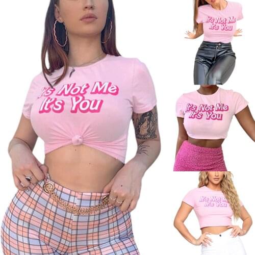 Crop Top Pink Printing Short Sleeve Self Cultivation Exposed Navel Summer Skinny T-Shirt Streetwear Casual Women Tops 2021
