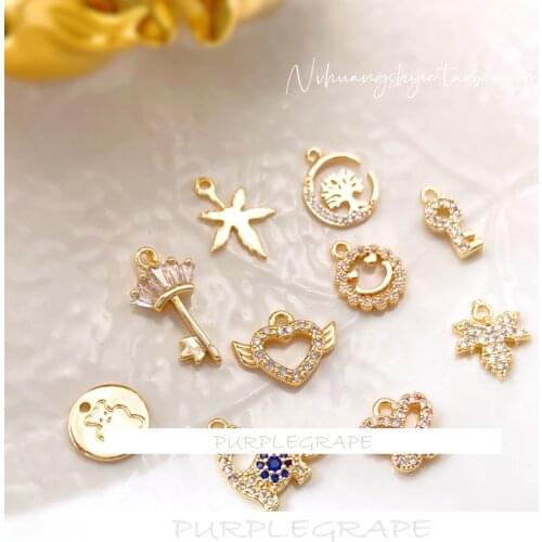 18K gold bag mini pendant with zircon DIY bracelet pendant hand-made clavicle chain jewelry material key butterfly 2PCS