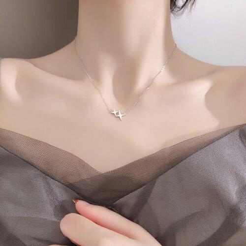 Fashion Girl Four Pointeds Star AAA Zirconia Necklace Simple Silver Plated Star Clavicle Chain Suitable for Lady Party Jewelry