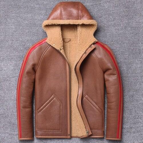 Shearling Coat Mens Brown B3 Bomber Jacket Hooded Leather Jacket 2019 New Mens Winter Coats Short Sheepskin Coat