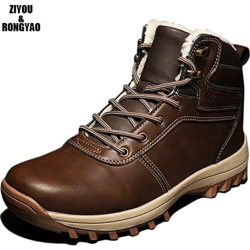 AGSan men boots couple mens winter warm snow boots mens fur plush high top ankle boots sneakers work shoes men botas lace up