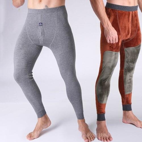 Men Plus Velvet Underwear Pants Stretchy Close Fitting Thickening Leggings with Knee Pads Nine Points Warm Bottoming for Winter