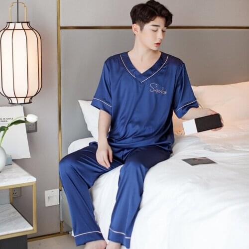Satin Ice Silk Pajamas Mens Summer Short-sleeve Pullover Trousers Tracksuit Mens Live