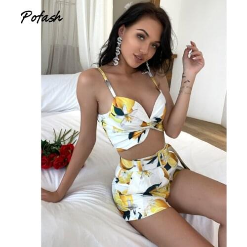Pofash Print Summer 2 Pieces Sets Women Spaghetti Strap Tops And Shorts Set Belt Loops Female Casual Holiday Two Pieces Outfits