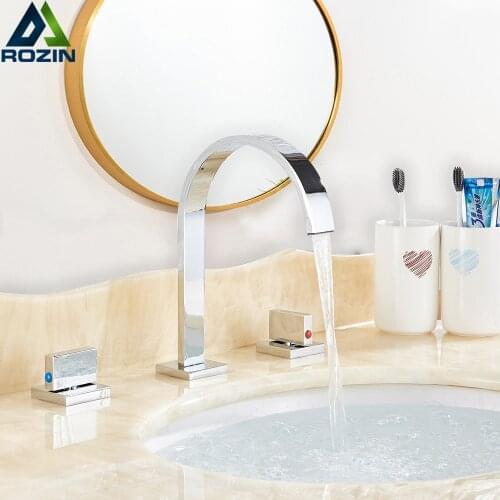 Polished Chrome Basin Faucets Deck Mounted Square Bathroom Sink Faucets Double Handle 3 Hole Cold Hot Basin Water Tap