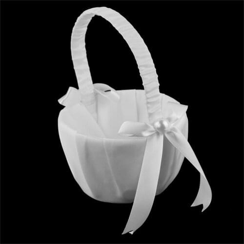 Romantic White Satin Bowknot PEARL Flower Girl Basket Wedding Ceremony Party