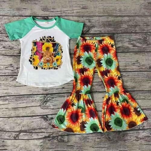 RTS Infants Sunflower Cow Head Shirts And Sunflower Bell Pants Set Baby Girl Cute Cartoon Outfit Toddlers Short Sleeve Clothes
