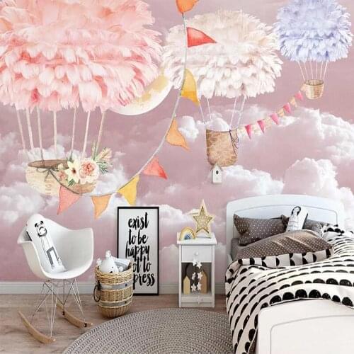 Self-Adhesive Wallpaper Nordic Hand Painted Romantic Hot Air Balloon Pink Starry Sky Mural Childrens Room Background 3D Sticker