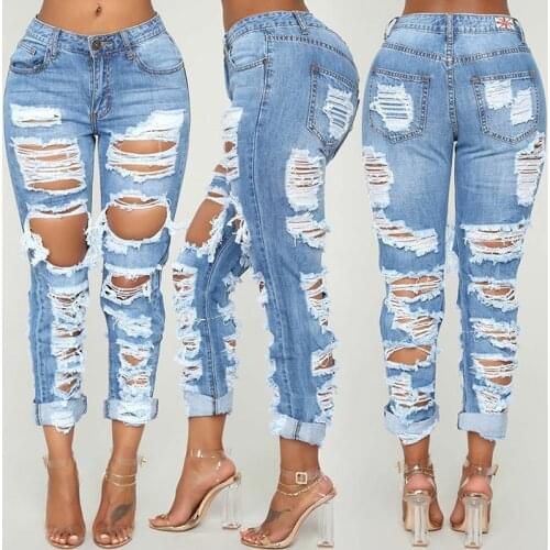 Hole Washed Ripped Jeans Women 2020 Casual Korean High Waist Trousers Ladies Denim Jeans Light Blue Hollow Bleached Pencil Pants
