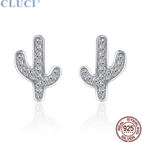 CLUCI Silver 925 Stud Earrings for Women Jewelry Cactus Shaped Zircon Fine Jewelry 925 Sterling Silver Stud Earrings DE001SB