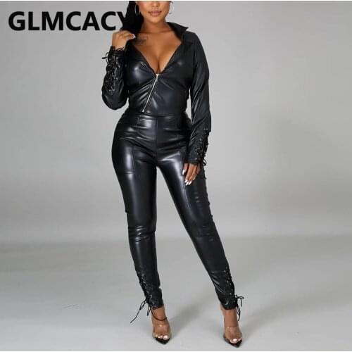 Women Two Piece PU Leather Suits Long Sleeve Zipper Front Lace Up Back Jacket & Slim Pants Set