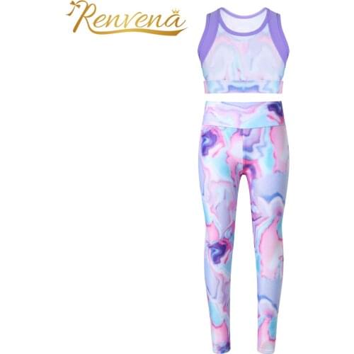 Girls Colorful Outfits Sleeveless Tie-Dye Crop Top + Leggings 2pcs Ballet Gymnastics Dance Wear Children' Sets Kids Sweatsuit