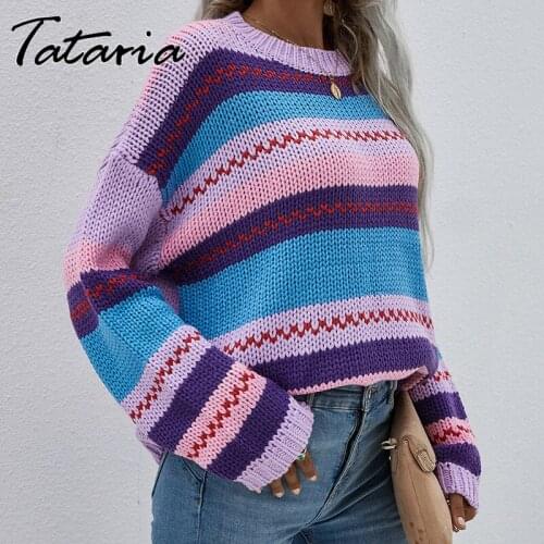 2021 Spring Autumn Woman Oversized Striped Print Sweater for WomenS Pullovers O-Neck Loose Sweaters Streetwear Warm Outerwear