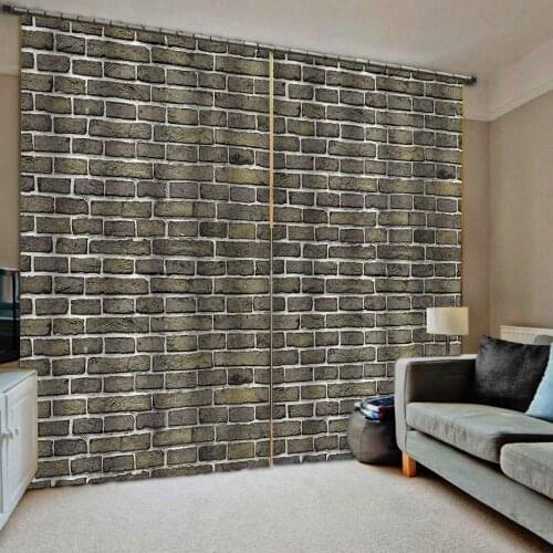 Custom 3D Gray Brick Wall Vintage 3D Print Curtains For Living Room Window Curtains blackout Drapes （left and right Side)