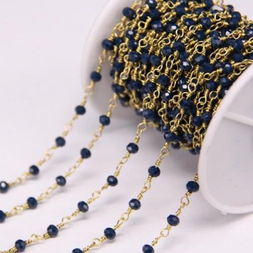 5Meters/3x4mm Tibetan blue Glass beads Faceted Rondelle Copper Chains,Dark blue Crystal Gems Brass links Rosary Chain Necklace