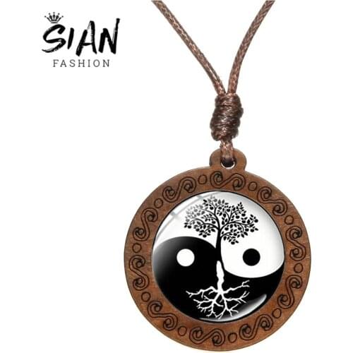 SIAN Black White Yin Yang Life Tree Necklace Novelty Tai Chi Ba Gua Pattern Cat Photo Glass Time Gem Wood Pendant Long Necklace