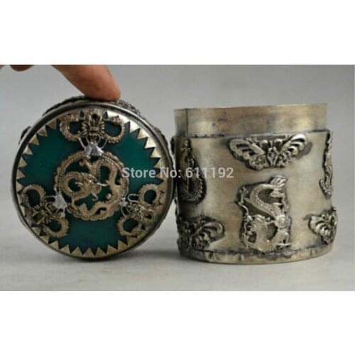 Asian home Decorated Old Handwork Tibet Silver Dragon Phoenix vintage big Toothpick Box